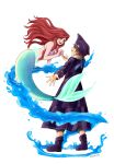  1boy 1girl ariel_(disney) blue_eyes boots brown_hair coat crown_(symbol) floating hallsth-eien hat highres kingdom_hearts kingdom_hearts_iii looking_at_another mermaid monster_girl official_alternate_costume pirate_hat red_hair shell shell_bikini smile sora_(kingdom_hearts) standing the_little_mermaid 