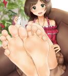  1girl bangs bare_legs barefoot blurry blurry_background blush breasts brown_hair brown_skirt collarbone commentary_request couch dutch_angle eyebrows_visible_through_hair fang feet feet_together foot_focus foreshortening frilled_shirt frills green_eyes hair_ornament hand_on_own_thigh highres holding holding_clothes holding_legwear idolmaster idolmaster_cinderella_girls jewelry leaning_back looking_at_viewer maa_(maa1) maekawa_miku medium_hair necklace open_mouth plaid plaid_skirt red_shirt shiny shiny_skin shirt sidelocks sitting skin_fang skirt socks_removed soles solo toes tongue 