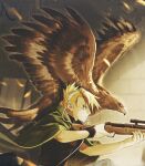  1girl amestris_military_uniform animal bird blonde_hair commentary english_commentary feathered_wings fujitachobi fullmetal_alchemist gun hawk highres holding holding_weapon military military_uniform riza_hawkeye solo uniform weapon wings 