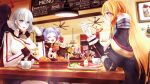  6+girls admiral_hipper_(azur_lane) arm_up azur_lane bangs bismarck_(azur_lane) black_hair blonde_hair blue_eyes blush bread breasts cafe ceiling_fan ceiling_light chewing closed_eyes closed_mouth cup flag food fork friedrich_der_grosse_(azur_lane) fruit gloves hair_between_eyes high_collar holding holding_fork holding_plate horns indoors large_breasts long_hair looking_at_another lyche_(lychexo) mechanical_horns medium_hair menu_board military military_uniform multiple_girls open_mouth picture_(object) picture_frame plate prinz_eugen_(azur_lane) purple_hair red_gloves red_horns silver_hair sitting smile standing table tirpitz_(azur_lane) twintails u-556_(azur_lane) uniform vegetable white_gloves z1_leberecht_maass_(azur_lane) z23_(azur_lane) 