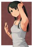  1girl adjusting_hair alternate_costume arm_up bangs banned_artist black_eyes black_hair breasts eyebrows_visible_through_hair grey_tank_top hair_tie hand_in_hair kantai_collection long_hair looking_at_viewer makio_(makiomeigenbot) mikuma_(kancolle) parted_lips ribbed_tank_top signature simple_background small_breasts solo tank_top twintails two-tone_background upper_body 