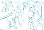  2022 anthro anthro_on_anthro balls blue_text bottomless bulge canid canine canis claws clothed clothing domestic_dog duo english_text eyes_closed finger_claws floppy_ears french_kissing fur furniture genital_outline genitals hand_on_arm hand_on_back hi_res holding_arm hoodie kissing male mammal markings nude open_mouth redrusker sea_salt sitting size_difference smaller_male spots spotted_markings spotted_tail standing stool tail_markings text tongue topwear 