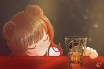  1girl alcohol animal_ears arknights artist_name bear_ears black_background blush brown_hair closed_eyes commentary_request cup drooling eyebrows_visible_through_hair hand_up korean_commentary multicolored_hair portrait red_hair ret_(tiiuu) sleeping solo streaked_hair zima_(arknights) 