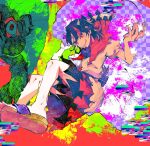  1girl arrow_(symbol) bangs black_hair cracked_glass glitch highres horns itomugi-kun kijin_seija multicolored_background multicolored_hair paint_splatter psychedelic red_eyes red_hair sandals short_hair skirt smile solo streaked_hair toes touhou white_hair 