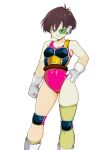  1girl armor bangs boots breasts brown_hair cameltoe character_request closed_mouth commentary_request covered_navel dragon_ball dragon_ball_z earrings gloves hand_on_hip highres jewelry knee_pads leotard pink_leotard rokoido12 saiyan_armor scouter short_hair single_strap single_thighhigh small_breasts smile solo spiked_hair standing tail thighhighs translated white_footwear 