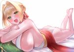  1girl ahoge bangs blonde_hair blush breasts commentary_request eyebrows_visible_through_hair eyelashes fate/extra fate/grand_order fate_(series) green_eyes hair_between_eyes hair_ribbon highres huge_breasts large_breasts looking_at_viewer lying nero_claudius_(fate) nero_claudius_(fate/extra) nero_claudius_(formal_dress)_(fate) on_stomach open_mouth ribbon short_hair sideboob smug the_pose thighs white_background yayoi_maka 