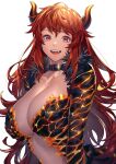  1girl bangs breasts cleavage collar dola_(nijisanji) dragon_girl dragon_horns fur_trim hair_between_eyes highres horns large_breasts long_hair long_sleeves looking_at_viewer nijisanji open_mouth plunging_neckline red_eyes red_hair revealing_clothes solo tenobe virtual_youtuber white_background 