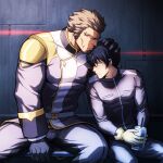  2boys bara beard belt blush building collared_shirt crank_zent ein_dalton facial_hair gloves gundam gundam_tekketsu_no_orphans hand_on_head highres large_pectorals male_focus manboobs mature_male multiple_boys muscular muscular_male pants pectorals shirt sitting tight wrinkled_skin yaoi zelo-lee 