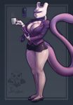  absurd_res anthro areola areola_slip big_breasts breasts cellphone clothed clothing coffee_mug female genitals hi_res legendary_pok&eacute;mon mew_tuely_(fan_character) mewtwo nintendo no_underwear office_lady phone pok&eacute;mon pok&eacute;mon_(species) pussy pussy_peek samayatagarasu scarf suit video_games 
