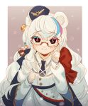  ._. 4girls animal_ears arknights bear_ears bespectacled blonde_hair blue_cape blue_eyes blue_hair blue_headwear blue_necktie blush border bow brown_background brown_hair buttons cape chibi coat glasses gummy_(arknights) hand_on_eyewear heterochromia highres istina_(arknights) long_hair looking_at_viewer minigirl monocle multicolored_hair multiple_girls necktie outside_border red_bow red_eyes red_hair ret_(tiiuu) rosa_(arknights) semi-rimless_eyewear simple_background smile streaked_hair under-rim_eyewear upper_body ursus_empire_logo very_long_hair white_border white_coat white_hair zima_(arknights) 