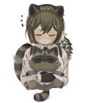  1girl :o animal animal_ears arknights black_ribbon brown_hair closed_eyes facing_viewer freckles hair_between_eyes holding holding_animal long_hair neck_ribbon open_mouth ponytail raccoon raccoon_ears raccoon_girl raccoon_tail ret_(tiiuu) ribbon robin_(arknights) shirt simple_background solo straight-on tail upper_body white_background white_shirt zzz 