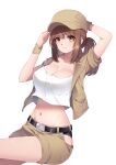  1girl arm_up baseball_cap belt black_panties breasts brown_eyes brown_hair brown_headwear brown_jacket brown_shorts cleavage crop_top crop_top_overhang fio_germi hand_on_headwear hand_up hat highres hip_vent jacket large_breasts long_hair looking_at_viewer metal_slug midriff navel open_clothes open_jacket panties panty_peek ponytail shirt short_shorts short_sleeves shorts sidelocks simple_background smile solo stomach thighs ugwa underwear white_background white_shirt wrist_cuffs 