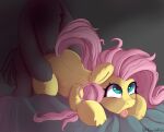  ambiguous_gender bed_covers bedding doggystyle duo eyelashes feral fluttershy_(mlp) friendship_is_magic from_behind_position green_eyes grey_body hair hasbro hi_res hooves long_hair male male/ambiguous messy_hair my_little_pony pink_hair pink_tail sex tongue tongue_out yellow_body 
