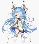  1girl :3 animal_ears armored_boots azur_lane bangs blue_eyes blue_hair blush boots cropped_torso dress gjvdrs_963 gradient_hair grey_background hair_over_one_eye hand_on_hip highres light_blue_hair long_hair long_sleeves looking_at_viewer maille-breze_(azur_lane) multicolored_hair parted_lips puffy_long_sleeves puffy_sleeves simple_background solo thigh_boots thighhighs very_long_hair white_dress white_footwear 