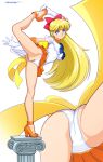  1girl aino_minako back_bow blonde_hair blue_eyes bow choker earrings elbow_gloves erotibot from_below gloves hair_bow highres inner_senshi jewelry long_hair magical_girl orange_choker orange_sailor_collar orange_skirt panties panty_pull pillar pubic_hair pussy sailor_collar sailor_senshi sailor_senshi_uniform sailor_venus skirt smile solo spread_legs tiara uncensored underwear white_gloves 