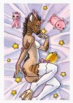  anthro bed blue_eyes brown_body brown_fur canid canine canis clothed clothing female fur furniture mammal mrrrn multicolored_body multicolored_fur nipples on_bed partially_clothed smile solo white_body white_fur wolf 