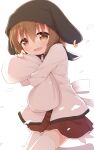  1girl :d animal_ears animal_hat ayanepuna bangs black_headwear blush brown_eyes brown_hair brown_skirt commentary_request eyebrows_visible_through_hair fake_animal_ears fang floppy_ears hair_between_eyes hat highres jacket looking_at_viewer mei_(ayanepuna) object_hug original pillow pillow_hug pleated_skirt romaji_commentary simple_background skirt smile solo thighhighs white_background white_jacket white_legwear 