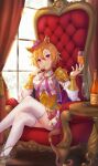  1girl absurdres animal_ears armor bangs bottle breasts champagne_flute corset covered_navel crossed_legs crown cup curtains drinking_glass ear_piercing feet_out_of_frame highres holding holding_cup horse_ears horse_girl horse_tail indoors jewelry looking_at_viewer medium_breasts mini_crown multiple_rings orange_hair piercing purple_eyes ring shirt short_hair shoulder_armor sitting skirt smile solo t.m._opera_o_(umamusume) table tail teeth thighhighs throne umamusume vococo white_legwear white_shirt window 