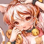  1girl 80isiiii animal_ears arm_up bangs bell black_choker blush brown_background brown_eyes brown_hair cat_ears choker coin commentary_request eyebrows_visible_through_hair fang goutokuji_mike hair_between_eyes hands_up highres looking_at_viewer multicolored_hair neck_bell open_mouth orange_hair puffy_short_sleeves puffy_sleeves shirt short_sleeves simple_background smile solo t-shirt tongue touhou upper_body white_hair white_shirt wristband 