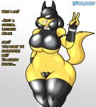  al_gx anthro belly big_breasts breasts canid canine clothed clothing collar curvy_figure dominant dominant_female english_text every_(al_gx) fan_character female first_person_view gloves handwear hi_res latex latex_gloves leggings legwear lucario mammal mature_female nintendo pok&eacute;mon pok&eacute;mon_(species) rubber rubber_clothing rubber_suit sadism sadistic_smile solo text thick_thighs topwear underwear video_games voluptuous wide_hips yellow_body 