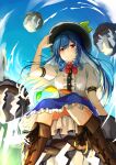  1girl absurdres bangs black_headwear blue_hair blue_skirt blue_sky boots bow bowtie brown_footwear center_frills closed_mouth eyebrows_visible_through_hair frilled_skirt frills from_below hand_on_headwear highres hinanawi_tenshi hira-san leaf long_hair looking_at_viewer outdoors puffy_short_sleeves puffy_sleeves rainbow_order red_bow red_bowtie red_eyes rock rope shide shimenawa shirt short_sleeves sitting skirt sky smile touhou white_shirt 