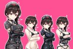  1girl alternate_costume anchor_symbol bikini black_bikini black_gloves black_headwear breasts brown_eyes brown_hair crossed_arms elbow_gloves gloves kaga_(kancolle) kantai_collection large_breasts long_hair navel pink_background short_sidetail short_sleeves side_ponytail swimsuit tk8d32 