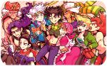  2girls 6+boys :3 :q alternate_color battle_tendency black_hair blonde_hair blue_jacket brown_hair caesar_anthonio_zeppeli cellphone chocoblood crop_top denim dress esidisi everyone facial_mark green_scarf groin headband highres horns jacket jeans jojo_no_kimyou_na_bouken joseph_joestar joseph_joestar_(young) kars_(jojo) licking_lips lisa_lisa looking_at_phone midriff multicolored_clothes multicolored_scarf multiple_boys multiple_girls one_eye_closed pants phone pincushion pink_scarf purple_hair red_dress red_hair red_scarf rudolph_von_stroheim santana_(jojo) scarf smartphone stitches striped striped_scarf suzi_q time_paradox tongue tongue_out triangle_print turban wamuu white_hair yellow_scarf 