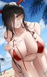  1girl absurdres all_fours azur_lane ball beach beach_umbrella beachball bikini bird black_hair blue_sky blush bracelet breasts closed_mouth cloud collarbone ear_piercing eyes_visible_through_hair friedrich_der_grosse_(azur_lane) hair_over_one_eye hand_on_own_chest heart heart-shaped_pupils highres horns jewelry large_breasts larger_bmx leaf long_hair looking_at_viewer mole mole_on_breast navel o-ring o-ring_bikini palm_tree piercing red_bikini sand skindentation sky solo stomach strap_slip swimsuit symbol-shaped_pupils thigh_gap tongue tongue_out tree umbrella very_long_hair yellow_eyes 