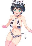  1girl :d absurdres animal_ears animal_print ass_visible_through_thighs bangs bare_shoulders bikini black_choker black_hair blush breasts choker collarbone commentary_request cow_ears cow_horns cow_print cow_tail ear_tag gloves green_eyes hairband highres horns kanojo_okarishimasu kazuma_(kazumav) large_breasts navel o-ring o-ring_top open_mouth pink_gloves pink_legwear print_bikini sarashina_ruka short_hair side-tie_bikini simple_background smile solo stomach swimsuit tail thigh_gap thighhighs white_background 