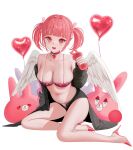  1girl :d absurdres angel_wings balloon bare_legs bare_shoulders black_jacket black_shorts bra breasts choker cleavage fang feathered_wings heart heart_balloon high_heels highres holding jacket large_breasts long_hair looking_at_viewer micro_shorts navel off_shoulder open_clothes open_fly open_jacket original panties pink_bra pink_hair pink_theme red_choker red_eyes red_footwear shorts simple_background sitting skindentation smile solo spaghetti_strap stomach striped striped_panties stuffed_animal stuffed_bunny stuffed_toy thighs tokkihouse twintails underwear white_background wings yokozuwari 