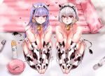  2girls animal_ears animal_print asanagi azur_lane bell bikini blue_hair breasts bridal_gauntlets choker closed_mouth cow_ears cow_horns cow_print cow_tail cowbell dido_(azur_lane) ear_tag fake_animal_ears fake_horns heart highres hitachi_magic_wand horns huge_breasts long_hair looking_at_viewer multiple_girls pink_eyes print_bikini print_legwear red_eyes sex_toy short_hair sirius_(azur_lane) sitting smile swimsuit tail thighhighs vibrator wariza white_bikini white_hair white_legwear 