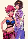  1boy 1girl arm_grab black_hair blue_eyes bob_cut bruno_buccellati chocoblood choker hair_ornament hairclip highres jojo_no_kimyou_na_bouken midriff pink_hair short_hair skirt trish_una vento_aureo 