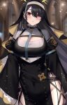  1girl :o bangs black_hair black_headwear blue_archive blush breasts cleavage commentary_request covered_navel cowboy_shot eyebrows_visible_through_hair gaitoou highres hinata_(blue_archive) large_breasts long_sleeves looking_at_viewer nun parted_lips red_eyes solo 