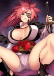  1girl baiken breasts cleavage clenched_teeth eyepatch facial_tattoo guilty_gear guilty_gear_strive highres holding holding_sword holding_weapon japanese_clothes katana large_breasts long_hair looking_at_viewer obi pink_hair red_eyes red_hair sash scar scar_across_eye shiny shiny_hair solo squatting sword takurowo tattoo teeth thighs weapon 
