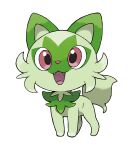  :3 absurdres animal_focus artist_request fangs full_body green_theme happy highres looking_at_viewer no_humans official_art open_mouth pokemon pokemon_(creature) pokemon_(game) pokemon_sv red_eyes smile sprigatito standing third-party_source transparent_background 