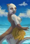  2022 5_fingers anthro blue_eyes breasts day detailed_background digital_media_(artwork) dragon eri-yo female fingers fur furred_dragon hi_res nude outside sky white_body white_fur 