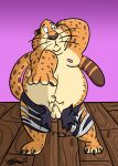  accidental_exposure anthro benjamin_clawhauser bottomwear cheetah chubby_male clothing dancing disney duo embarrassed felid feline genitals hands_behind_back hi_res lionclaw looking_down male mammal penis penis_tip shocked shorts solo torn_clothing zootopia 