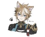  1boy animal_ears armor brown_hair character_name cropped_shoulders dog_boy dog_ears genshin_impact gorou_(genshin_impact) grin hair_between_eyes hair_ornament highres japanese_armor japanese_clothes looking_at_viewer male_focus multicolored_hair paw_print portrait simple_background smile solo streaked_hair symbol-only_commentary tassel white_background white_hair yktoo_ns 
