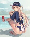  1girl ass back bangs baseball_cap bikini bikini_bottom_only blonde_hair blue_eyes blue_shirt can dog from_behind full_body hair_between_eyes hat highres holding holding_can iowa_(kancolle) kantai_collection kasumi_(skchkko) long_hair looking_at_viewer looking_back open_mouth print_headwear puppy sandals shirt side_ahoge smile solo squatting star-shaped_pupils star_(symbol) swimsuit symbol-shaped_pupils thighs tied_shirt water wristband 