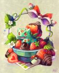 absurdres animal_focus artist_name basket beige_background bow bright_pupils bulbasaur chocolate claws commentary english_commentary fangs flower food food_focus food_print fruit hair_flower hair_ornament happy heart highres in_food koriarredondo leaf looking_to_the_side napkin no_humans open_mouth plant poke_ball poke_ball_(basic) pokemon pokemon_(creature) red_bow red_eyes signature simple_background smile solo sparkle strawberry strawberry_print vines white_flower white_pupils 