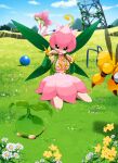 2girls ball bangs bare_shoulders blue_sky blurry breasts cloud commentary_request creature crying crying_with_eyes_open day depth_of_field detached_sleeves digimon digimon_(creature) dress eyebrows_visible_through_hair field fingernails floating flower flower_wings flying_sweatdrops fujihana_(mugenpixel) full_body funbeemon grass green_eyes green_hair green_sleeves grey_eyes hat highres leaf_wings lilamon lillymon long_fingernails long_hair looking_at_another medium_breasts medium_hair multiple_girls open_mouth outdoors partial_commentary pink_dress pink_headwear plant red_nails shadow sharp_fingernails sitting sky sleeveless sleeveless_dress sweat tanemon tears transmission_tower vines wariza wavy_mouth wings 