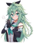  1girl absurdres aqua_eyes aqua_hair black_gloves black_ribbon black_serafuku blush braid closed_mouth collarbone cropped_torso elbow_gloves eyebrows_visible_through_hair fathom gloves green_neckerchief hair_between_eyes hair_flaps hair_ribbon highres kantai_collection long_hair neckerchief ponytail ribbon school_uniform serafuku simple_background smile solo spoken_blush twin_braids upper_body white_background yamakaze_(kancolle) yamakaze_kai_ni_(kancolle) 