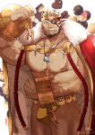  1boy absurdres balor_(housamo) bara beard black_hair blonde_hair blue_eyes candy cape chain chest_hair chocolate cowboy_shot crown cuffs dog_tags eyepatch facial_hair feet_out_of_frame flaming_eye food fur-trimmed_cape fur_trim heart heart-shaped_chocolate highres large_pectorals looking_at_viewer male_focus male_underwear mature_male multicolored_hair muscular muscular_male official_alternate_costume pectorals reki_uraaka scar scar_on_face shackles short_hair solo thick_thighs thighs tokyo_afterschool_summoners tusks two-tone_hair underwear valentine yellow_male_underwear 