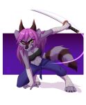  2022 4_toes 5_fingers anthro black_nose breasts clothed clothing digital_media_(artwork) feet female fingers hair holding_object holding_sword holding_weapon mammal melee_weapon procyonid purple_hair raccoon sword toes weapon wolflady yellow_eyes 
