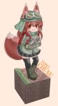  1girl :d animal_ear_fluff animal_ears backpack bag black_legwear black_skirt boots brown_background brown_eyes brown_hair commentary_request ears_through_headwear fox_ears fox_girl fox_tail goggles goggles_on_headwear green_footwear green_headwear green_jacket hair_ornament heart heart_hair_ornament highres jacket kanijiru long_hair looking_at_viewer original personification pleated_skirt randoseru simple_background skirt smile solo tail thighhighs thighhighs_under_boots 