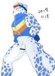  2019 anthro balls bemani blue_body blue_clothing blue_fur blue_spots blue_tail blue_topwear bottomless chirasgi clothed clothing dated eyewear eyewear_on_head felid flaccid foreskin fur genitals goggles goggles_on_head konami male mammal markings ollie_(pop&#039;n_music) pantherine penis pop&#039;n_music snow_leopard solo spots spotted_body spotted_fur spotted_markings spotted_tail tail_markings topwear unretracted_foreskin video_games 