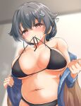 1girl bikini bikini_under_clothes black_bikini black_hair blue_shirt breasts brown_shawl cowboy_shot hair_flaps highres jingei_(kancolle) kantai_collection kasashi_(kasasi008) large_breasts long_hair looking_at_viewer low_ponytail mouth_hold open_clothes open_shirt red_eyes shirt solo swimsuit swimsuit_under_clothes 