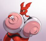 2018 absurd_res anthro areola badgerben bandai_namco big_areola big_breasts big_nipples breasts digimon digimon_(species) female guilmon hi_res huge_breasts hyper hyper_breasts jeannine_(anjuneko) looking_at_viewer nipples nude red_body scalie solo tongue white_body yellow_eyes 