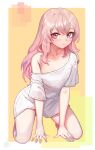  1girl absurdres blush breasts closed_mouth hair_between_eyes highres inui_sajuna kneeling long_hair looking_at_viewer no_bra oversized_clothes oversized_shirt pink_hair purple_eyes shirt simple_background small_breasts solo sono_bisque_doll_wa_koi_wo_suru unstableboiler white_shirt 
