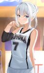  1girl basketball_uniform blue_eyes blurry blurry_background breasts closed_mouth collarbone commentary_request expressionless eyebrows_visible_through_hair highres looking_at_viewer medium_breasts original short_hair silver_hair solo sportswear tapioka_(oekakitapioka) 